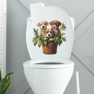Cute Puppy Potted Plant Bathroom Toilet Lid Sticker Removable PVC 3D Animal Green Leaves Wall Decal For Home Decor