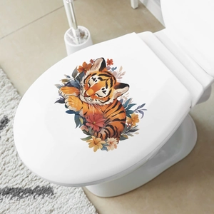 Sleeping tiger and colorful flowers self-adhesive toilet seat lid decoration decal
