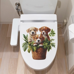 Self-adhesive bathroom toilet sticker featuring cute puppies and green plants in pots