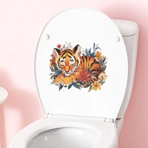 Cute sleeping tiger with colorful flowers self-adhesive toilet lid cover sticker decor