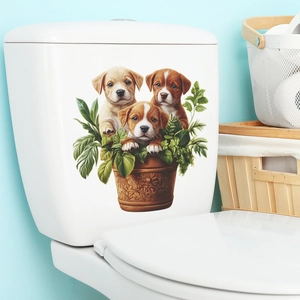 3D realistic puppy and green plant wall stickers on a white toilet tank for home decor