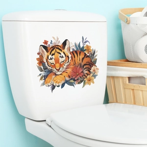 Sleeping tiger bathroom toilet sticker with colorful flowers and leaves decoration
