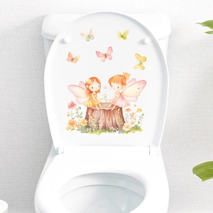 Adesivo decorativo per coperchio WC con fata farfalla acquerello e ceppo d'albero