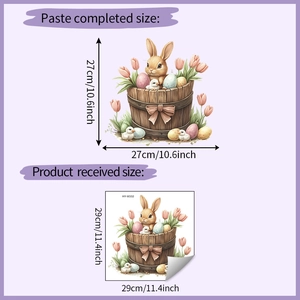 Detail showing Easter bunny and tulip wall sticker sizes with product measurements