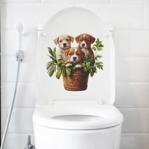 Cute puppy and green plant wall stickers on white toilet lid for bathroom decor