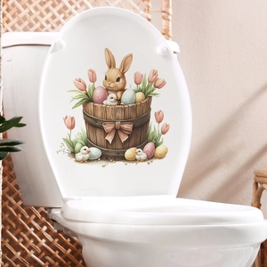 Easter Bunny Colored Eggs In Wooden Bucket Toilet Sticker Removable PVC Bathroom Wall Decal Self Adhesive Home Decor Mural