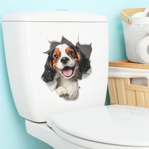Creative 3D wall sticker featuring a Cavalier King Charles Spaniel puppy in a cracked wall