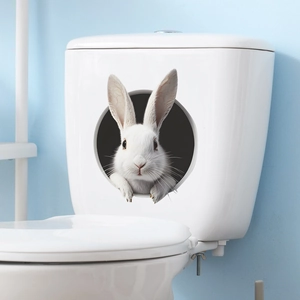 3D Realistic White Rabbit Toilet Sticker Funny Animal Hole Design Removable PVC Self Adhesive Wall Decal For Bathroom Home Decor