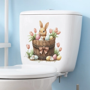Easter rabbit in wooden barrel toilet wall sticker with colorful eggs and tulips decoration