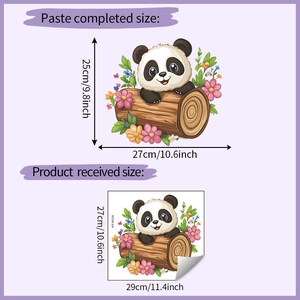 Detail showing cartoon panda and floral wall sticker layout with size dimensions