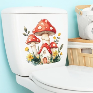 Adesivo acquerello casa a fungo su serbatoio WC bianco con decorazioni naturali per la casa