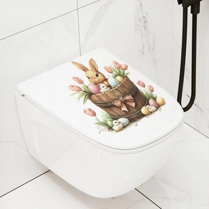 Easter bunny in wooden barrel with colorful eggs self-adhesive toilet lid wall sticker