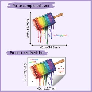 Rainbow pigment wall sticker size comparison showing finished effect and receiving sheet layout