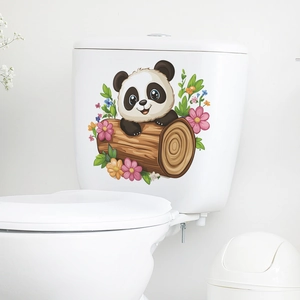 Self-adhesive panda wall sticker with flowers on white toilet tank for home decoration