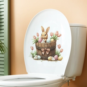 Easter toilet lid decal with wooden barrel, rabbit, colorful eggs and pink tulips