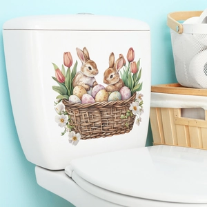 Easter Rabbit Basket Eggs Toilet Sticker Waterproof PVC Bathroom Decal Decorative Wall Sticker For Holiday Home Decor