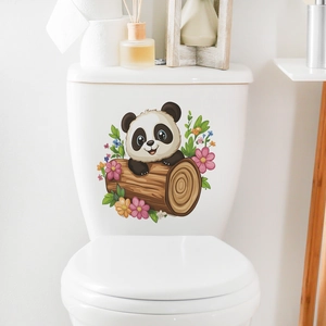 Self-adhesive bathroom toilet sticker with a cute panda on a log and colorful flowers