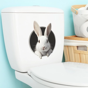 3D realistic white rabbit wall sticker for bathroom decor with creative hole effect