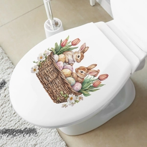 Easter bunny and colorful eggs woven basket toilet lid decal wall sticker home decor