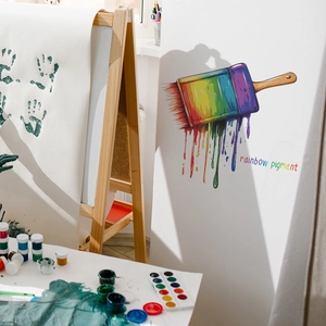 Rainbow paint brush wall decal with rainbow pigment text for creative home decoration