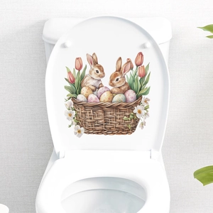 Easter bunny and colorful eggs in a basket decorative sticker on a white toilet lid
