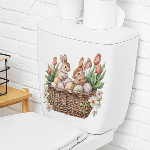 Easter toilet wall decal featuring two bunnies in a woven basket with eggs and tulips