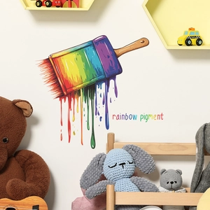 Rainbow pigment wall sticker with colorful brush and drip paint for kids' room decor
