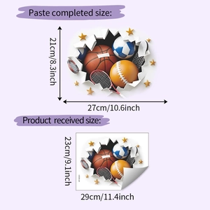 Detailed sheet size and wall coverage dimensions for 3D sports ball wall stickers