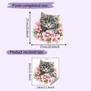 Detailed wall sticker size guide showing a cat in flowers with 29x29cm dimensions