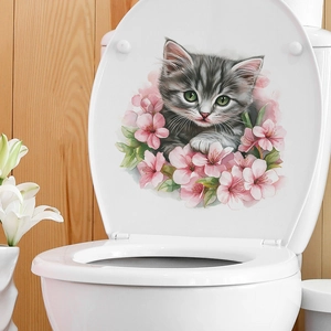 3D cute grey cat and pink cherry blossom self-adhesive waterproof PVC toilet sticker