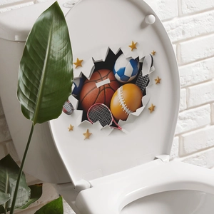3D sports ball wall sticker with basketball and football breaking through white wall