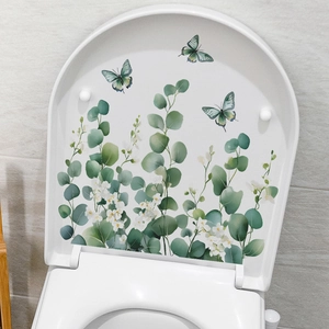 Sticker de décoration pour abattant de WC avec motifs de papillons et feuilles vertes