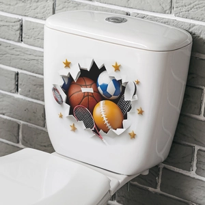 3D hole effect toilet sticker with basketball and football for home wall decoration