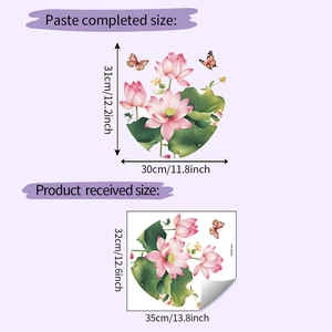 Detailansicht der Wandsticker mit rosa Lotus, grünen Blättern, Schmetterlingen und Maßen