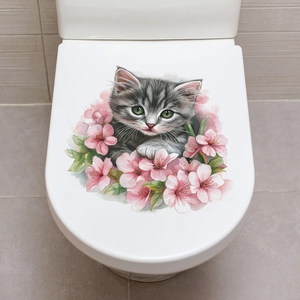 Cute gray tabby cat and pink flower watercolor wall sticker for bathroom toilet lid decoration