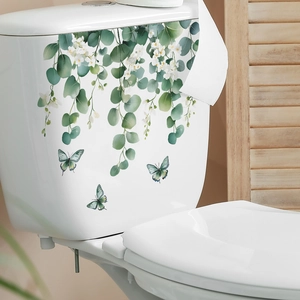 Stickers muraux de salle de bain avec feuilles d'eucalyptus, fleurs blanches et papillons