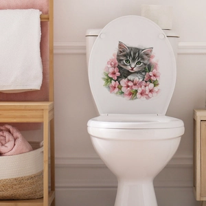 Cute gray kitten with pink cherry blossoms self-adhesive toilet seat decorative sticker
