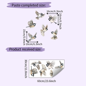 Bird wall sticker sheet showing 30x60cm product layout and 16x16cm single bird dimensions