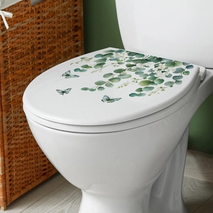 Sticker de couvercle de toilette papillon et eucalyptus pour décor de salle de bain