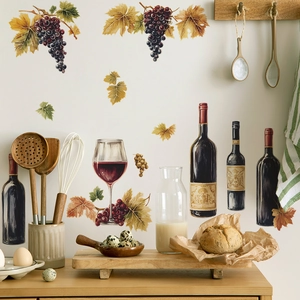 Realistic self-adhesive wall stickers with wine bottles and grapes on white kitchen walls