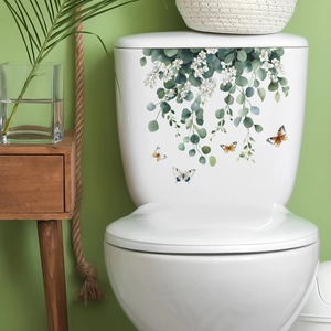 Eucalyptus leaves and butterflies floral self-adhesive toilet seat wall sticker decor