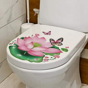 Floral toilet seat cover sticker featuring pink lotus, green leaves and butterflies