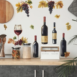 Self-adhesive red wine bottle and grape wall decals for kitchen and dining room decor