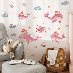 Cartoon Pink Whale House Wall Stickers Removable PVC Self-Adhesive Fairy Tale Decals For Kids Room Nursery Decoration