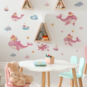 Pink whale cottage wall stickers set for nursery room with watercolor stars and clouds