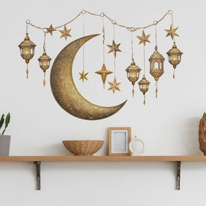 Ramadan Gold Moon Star Lantern Wall Stickers PVC Self Adhesive Eid Mubarak Decorative Decal For Bedroom Living Room Home Decor