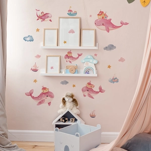 Pink whale and sailboat watercolor wall stickers for kids bedroom decor