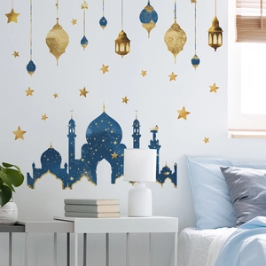 Blue Ramadan castle wall decals with hanging lanterns and stars for home decoration
