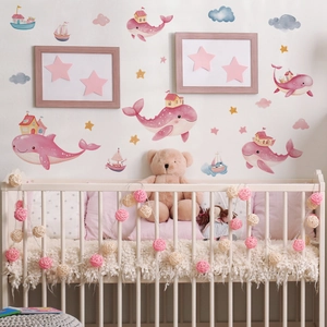 Pink whale house wall stickers with colorful boats for nursery room decoration