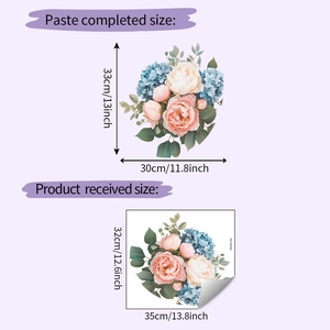 Detail of floral wall sticker layout showing hydrangea and rose decal dimensions